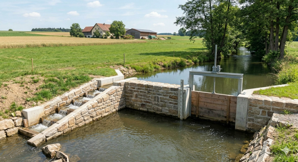 Anstauen von Oberflächenwasser durch Wehr - Fischtreppe