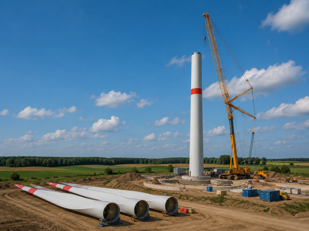 Klagefrist und sichere Kenntnis der Genehmigung: Am Boden liegende Rotorblätter einer im Bau befindlichen Windkraftanlage verdeutlichen den Projektfortschritt
