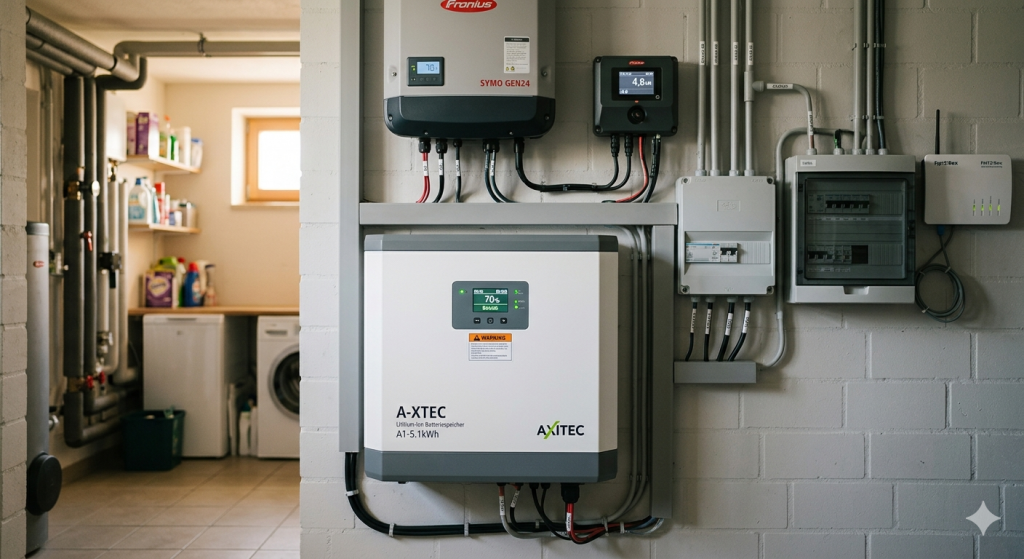 Photovoltaikanlage mit Batteriespeicher im Keller eines Eigenheims