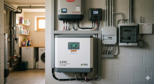 Photovoltaikanlage mit Batteriespeicher im Keller eines Eigenheims