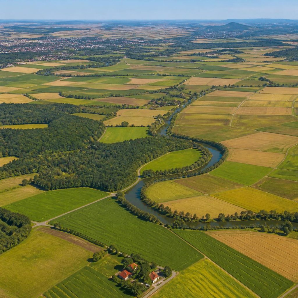 Muster von landwirtschaftlichen Feldern und Flurstücken zur Veranschaulichung einer Flurbereinigung